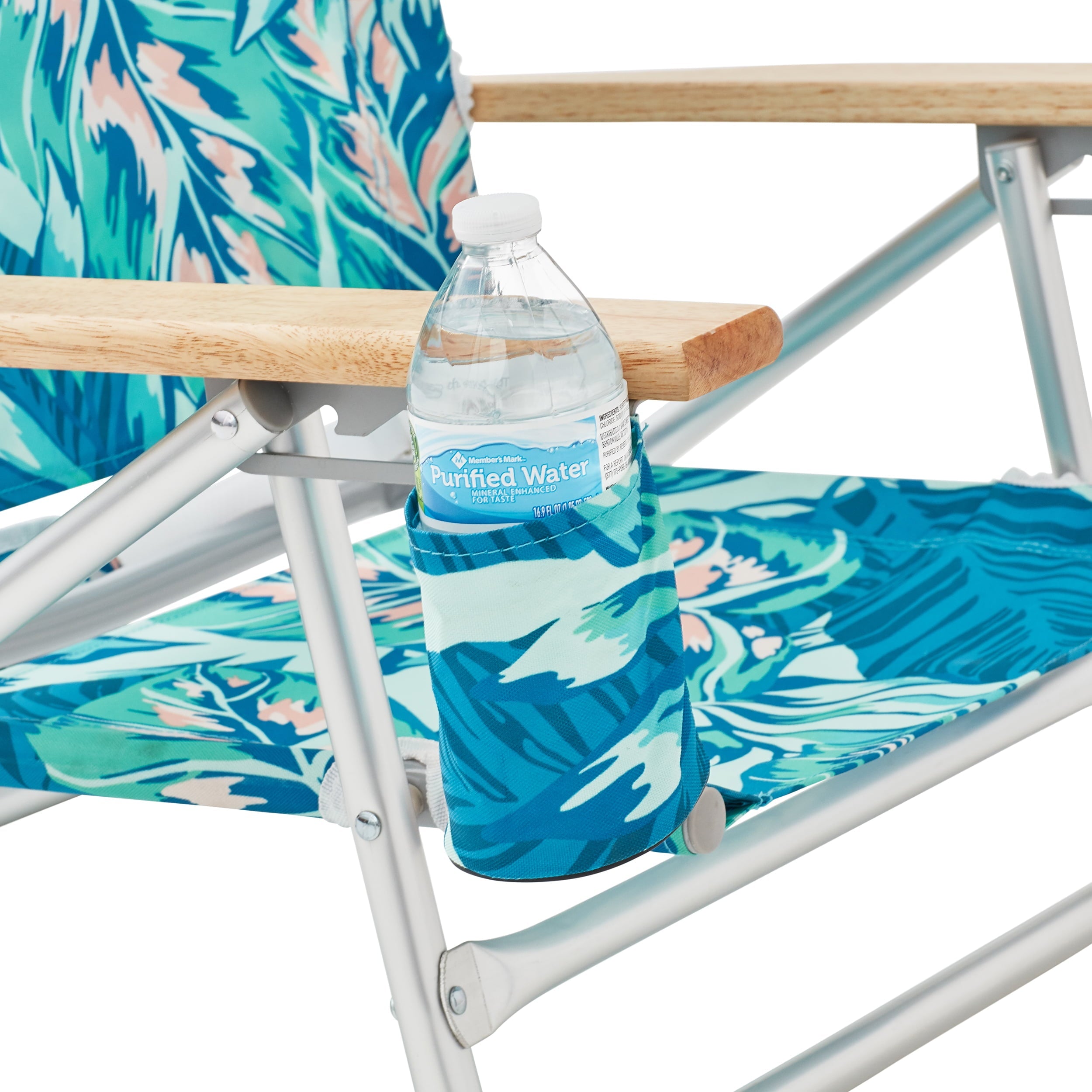 Mainstays Wood Arm Reclining Lay-Flat Beach Chair, Green Palm