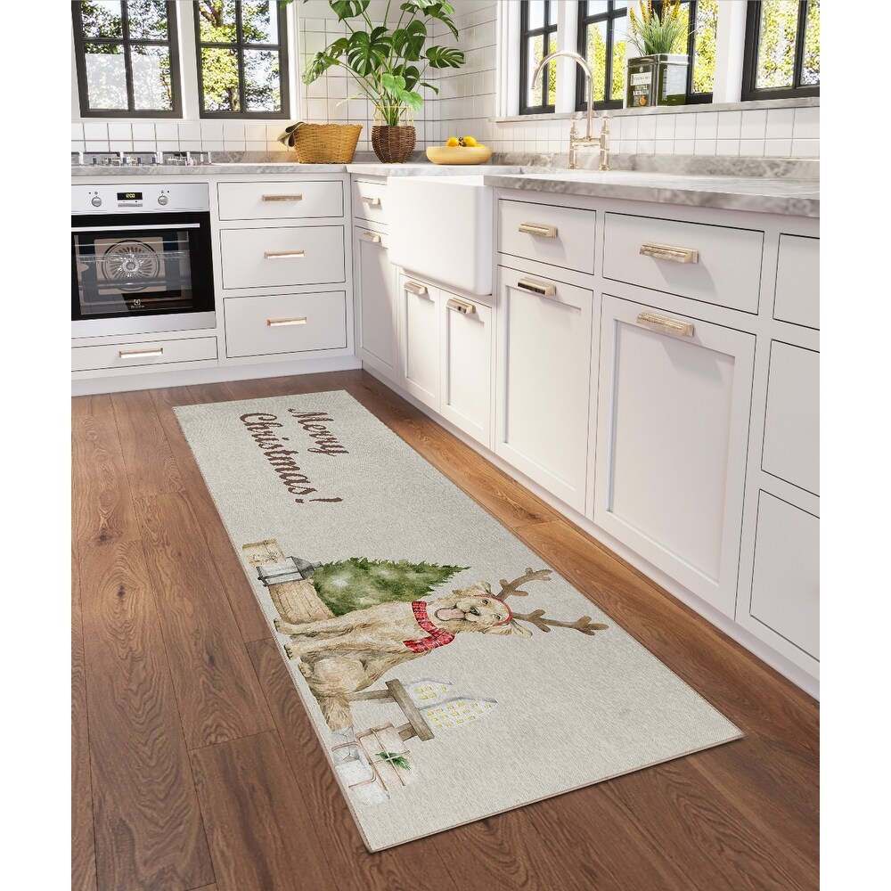 Indoor/ Outdoor Cozy Winter Taupe Washable Christmas Dog Rug