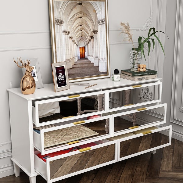 Mirrored Dresser with 6 Storage Drawer Modern Accent Cabinet Console