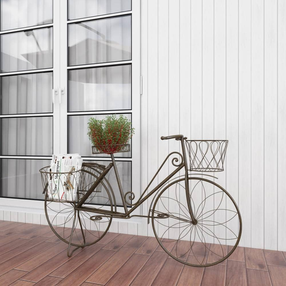 Litton Lane 31 in. Brown Metal Bike Indoor Outdoor Scrollwork And Wire Design Plantstand with Basket and Saddle Bag Planters 79182