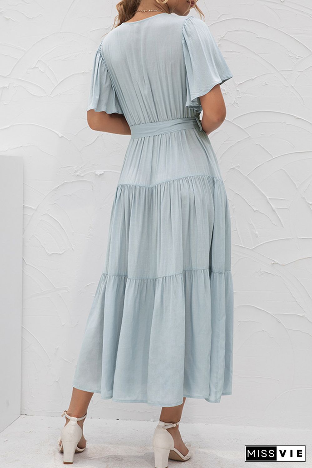 Elegant Solid Split Joint With Belt V Neck Cake Skirt Dresses