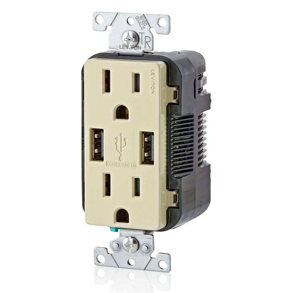 Leviton 3.6A USB Dual Type A In-Wall Charger with 15 Amp Tamper-Resistant Outlets Ivory R01-T5632-0BI