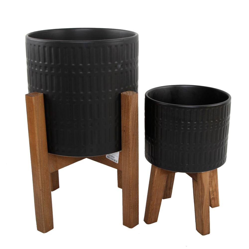 Flora Bunda 10 in. and 8 in. Matte Black Ceramic Roman Planter on Wood Stand Mid-Century Planter (Set of 2) CT740E2-MTBK