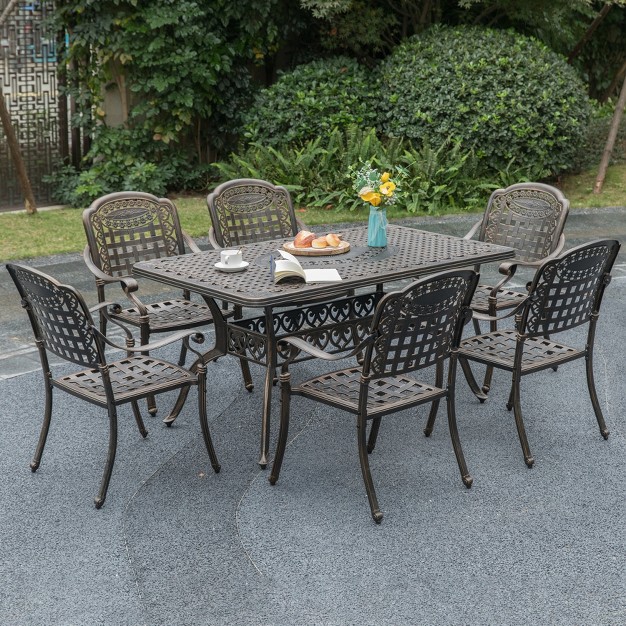 Gardenised Indoor And Outdoor Bronze Dinning Set 6 Chairs With 1 Table Bistro Patio Cast Aluminum