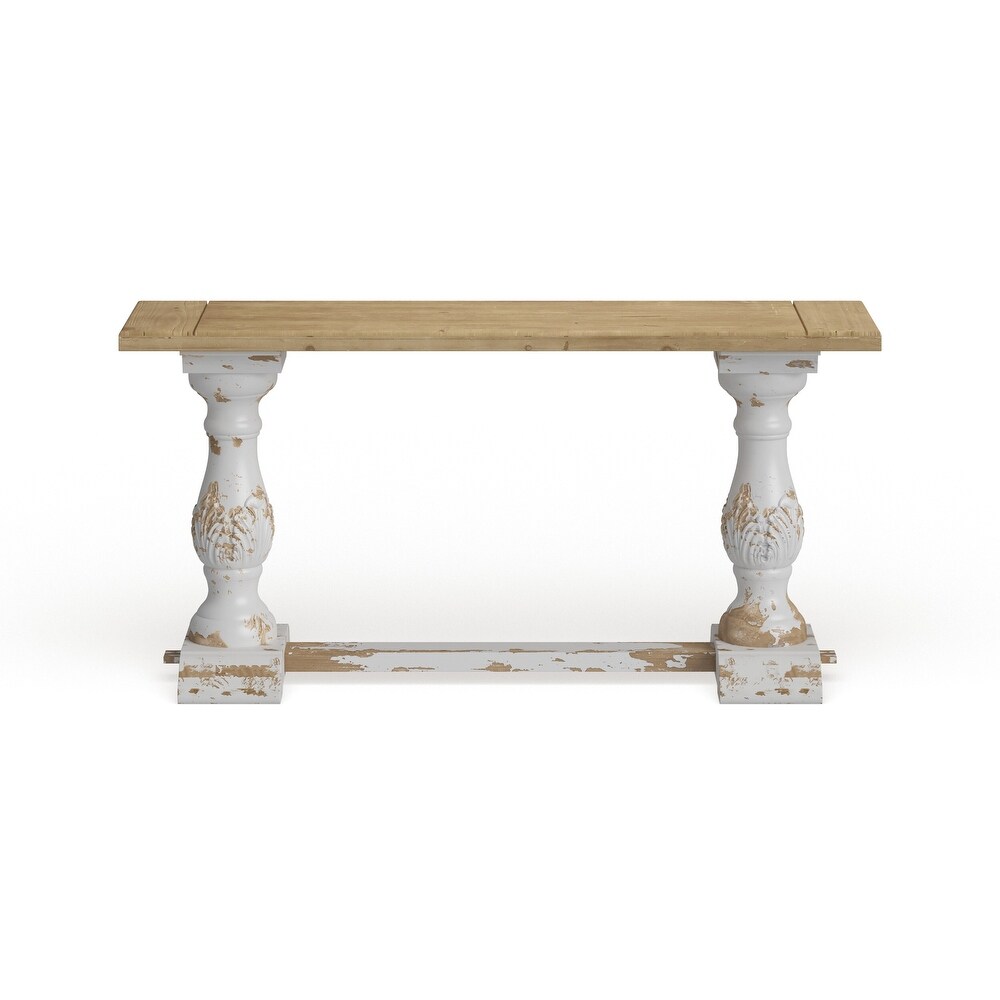 White Wood Distressed Console Table with Brown Wood Top   59 x 16 x 29