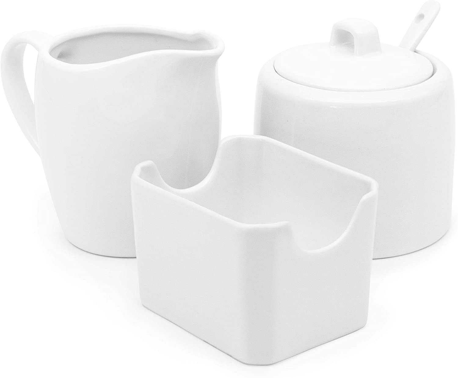 Kook Sugar and Creamer Set， 3 Piece， Pitcher， Sugar Bowl with Lid and Spoon， Sweetener Holder， White