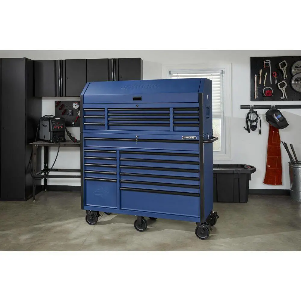 Husky 56 in. W x 22 in. D Heavy Duty 23-Drawer Combination Rolling Tool Chest and Top Tool Cabinet Set in Matte Blue HOTC5623BL2S