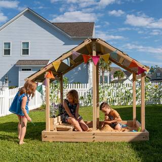 Funphix Dig n' Play Outdoor Wooden Sandbox Playhouse with Bench and Flower Planter Sand Pit for Kids WPHX-2204