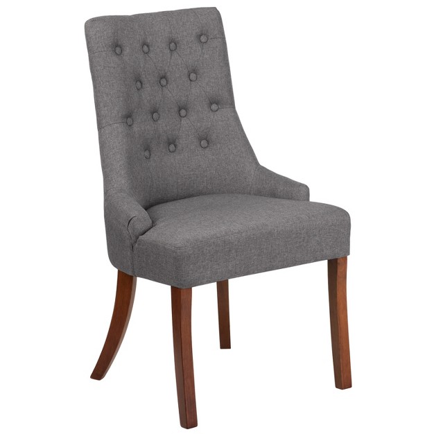 Emma And Oliver Gray Fabric Tufted Chair With Curved Mahogany Legs