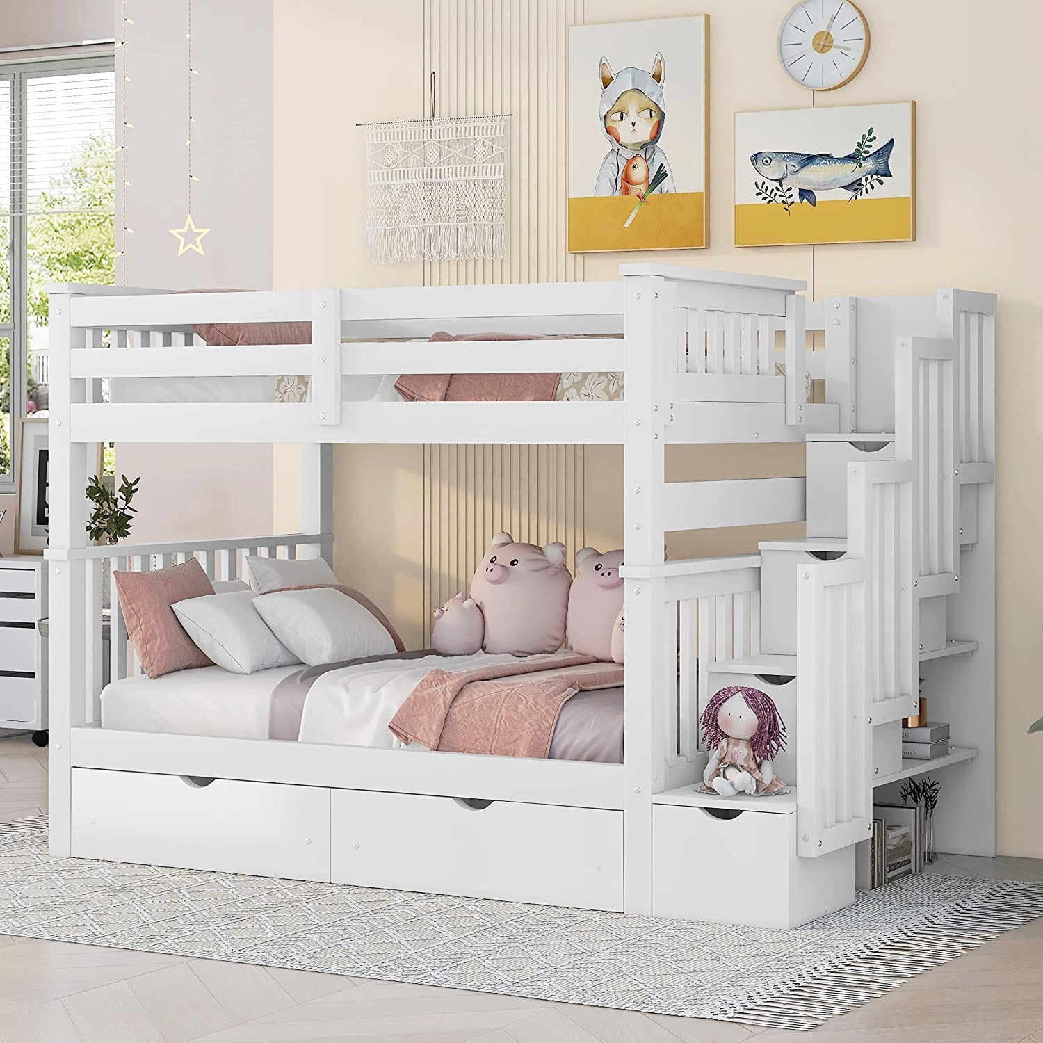 Bellemave Full Over Full Bunk Bed with Stairs and 6 Storage Drawers, Solid Wooden Detachable Bunk Bed Frame with Storage Shelves for Kids Teens Adults (White)