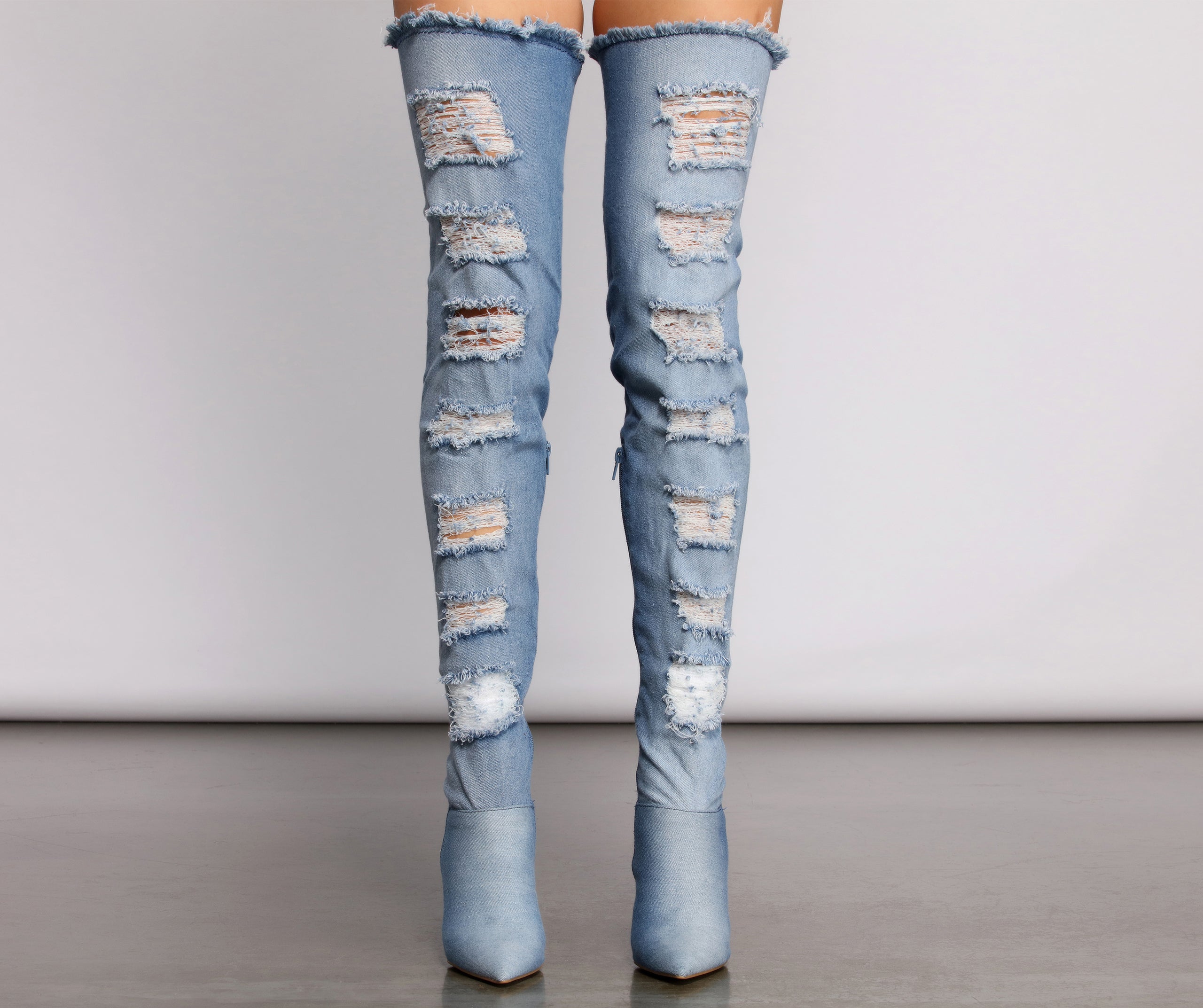 Destructed Denim Over The Knee Heeled Boots