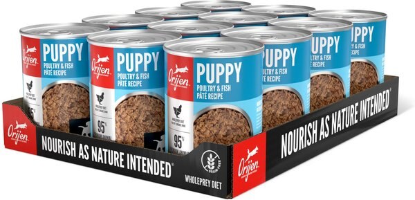 ORIJEN Puppy Recipe Poultry and Fish Pate Grain-Free Wet Dog Food， 12.8-oz can， case of 12