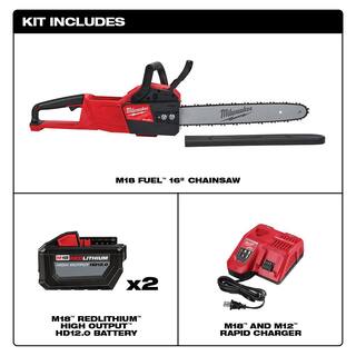 MW M18 FUEL 16 in. 18-Volt Lithium-Ion Brushless Battery Chainsaw Kit with Two High Output 12.0Ah Batteries 2727-21HD-48-11-1812