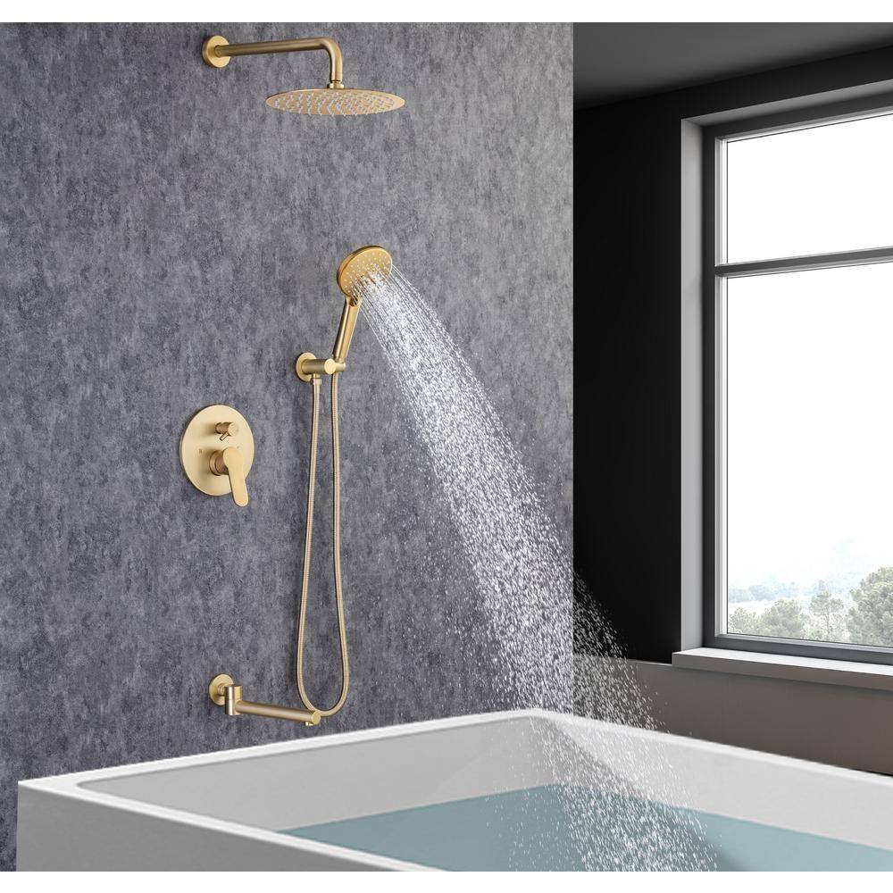 Lukvuzo 14 in. Brushed Nickel 3-Jet Shower System with Tub Spout and Rough-in Valve in Gold SNSA08FS003