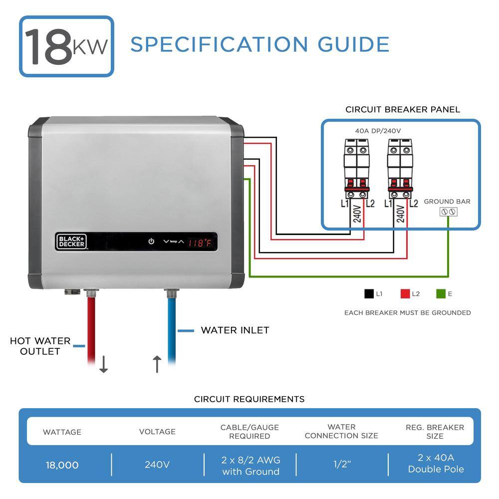 BLACK+DECKER 18 kW 3.73 GPM Residential Electric Tankless Water Heater Ideal for 1 Bedroom Home Up to 3 Simultaneous Applications BD-18HD