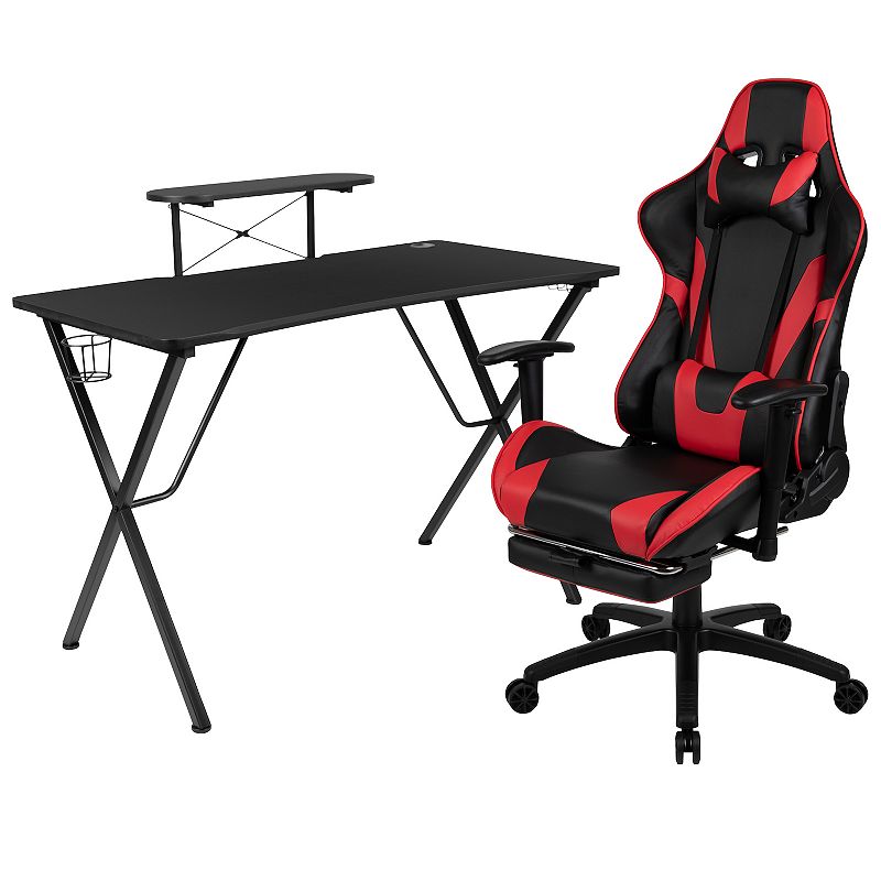 Emma and Oliver Gaming Desk and Chair Set - Cup Holder， Headphone Hook， and Monitor Stand