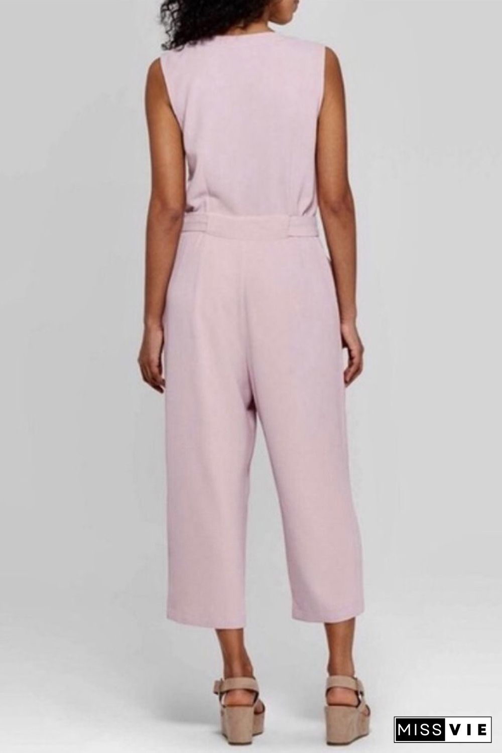 Pink Buttoned Sleeveless Cropped Jumpsuit with Sash