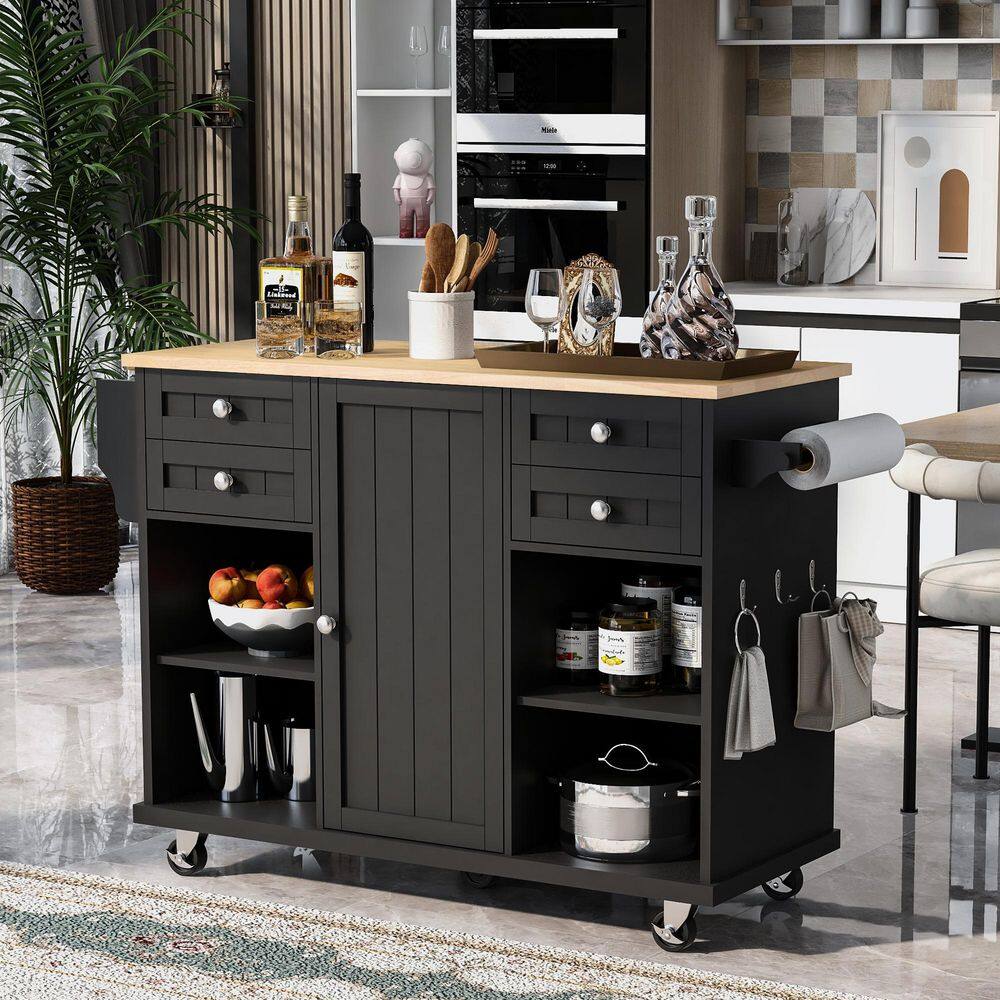 kitchen Island Cart with Spice Rac Towel Rack Drawer Rubber Wood Desktop 5 Wheels Including 4 Lockable Wheels In Black KITCHENBLACK07