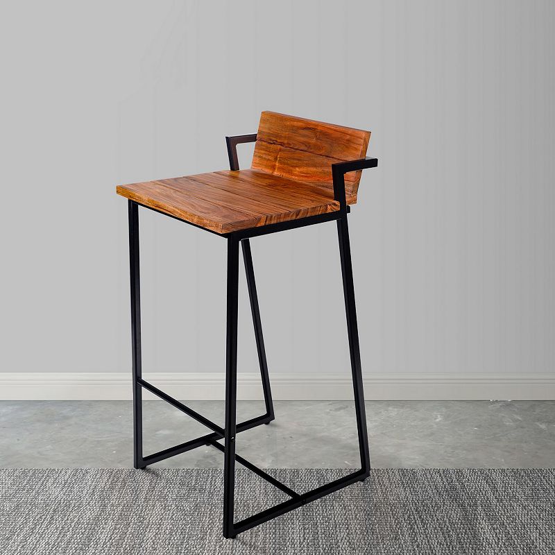 30 Inch Industrial Style Acacia Wood Barstool with Metal Frame， Brown and Black