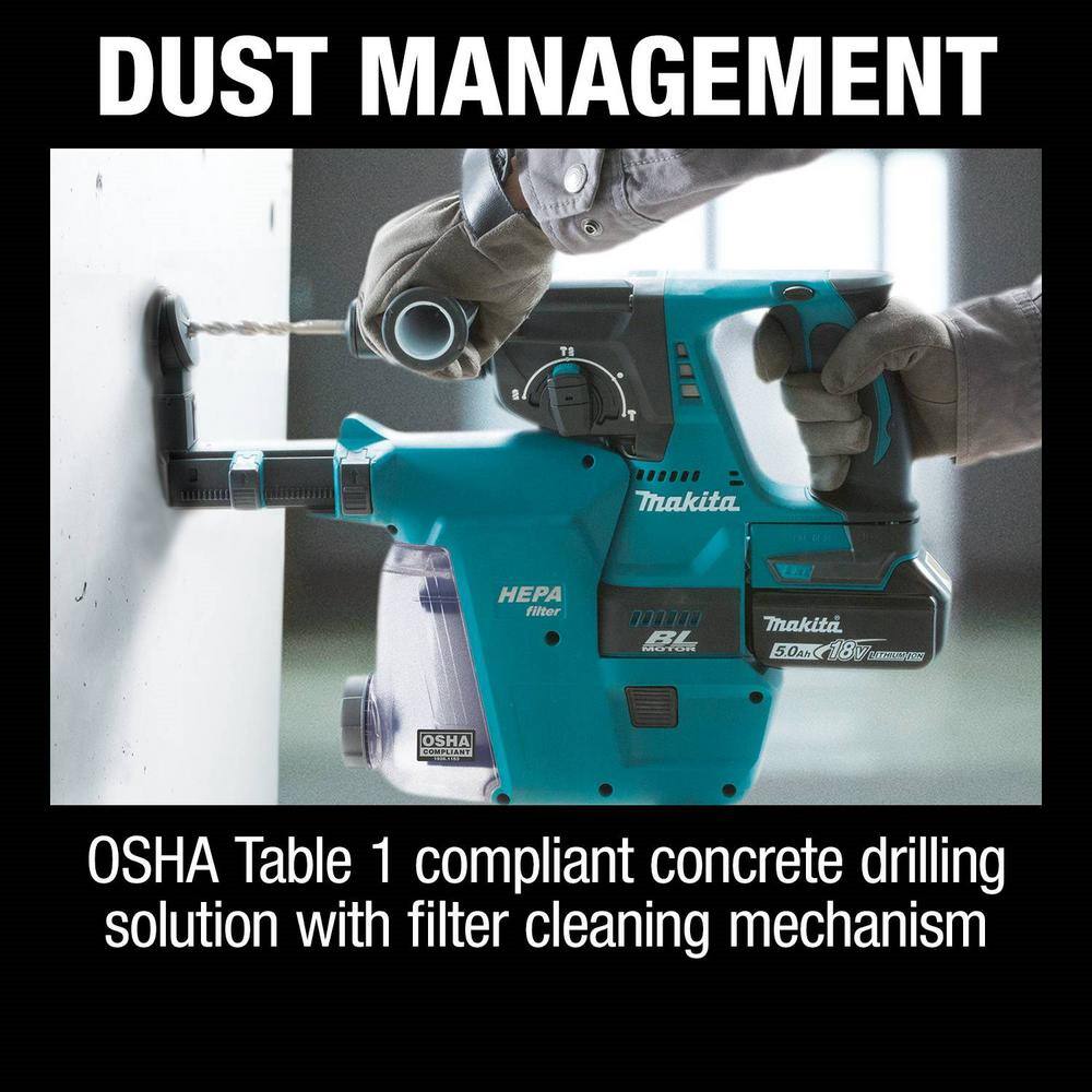 Makita 18V 5.0 Ah LXT Lithium-Ion Brushless 1 in. Cordless Rotary Hammer Kit Accepts SDS-PLUS HEPA Dust Extractor Attachment XRH011TWX