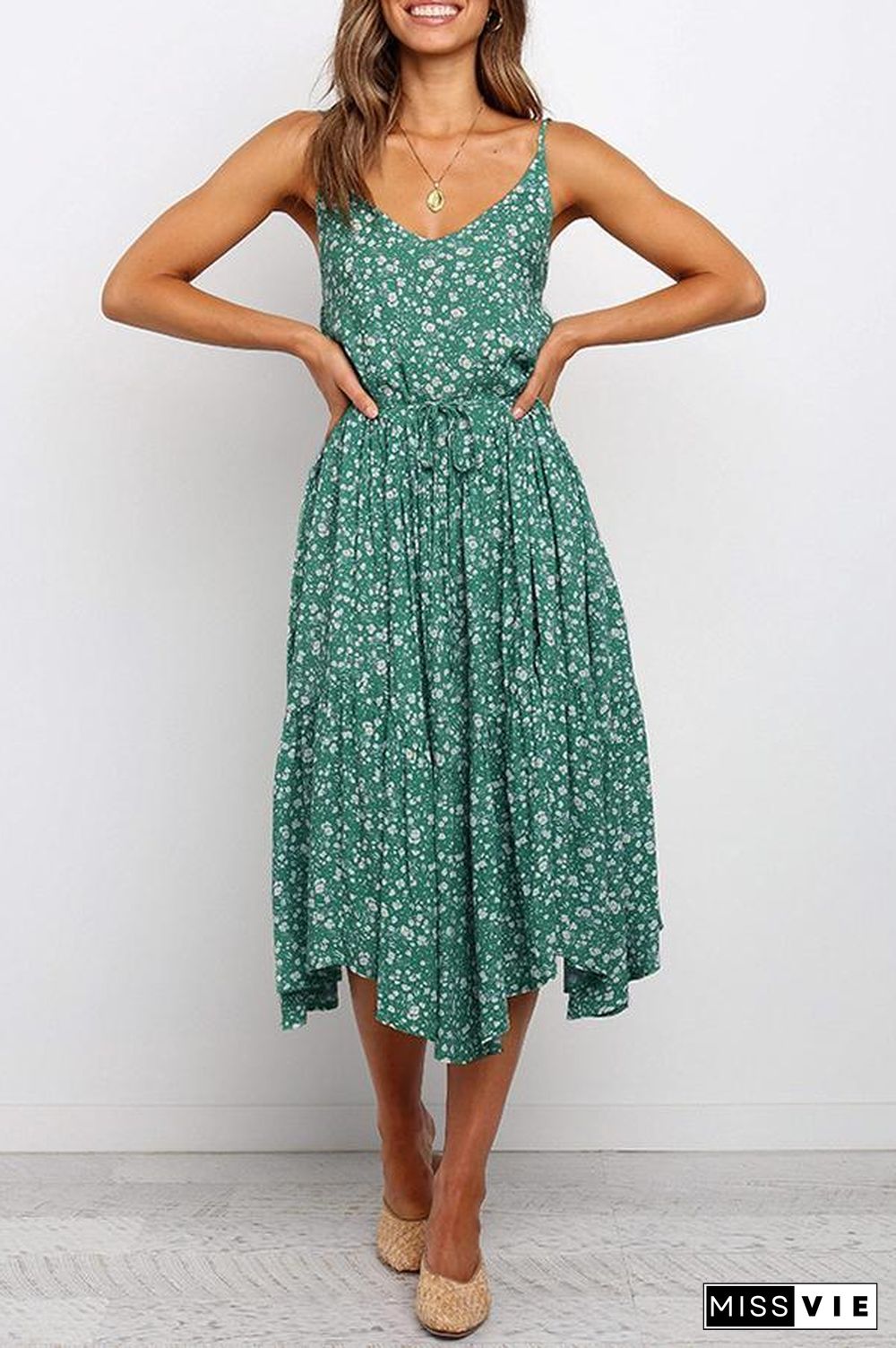 Spaghetti Strap Floral Printed Sling Midi Dress (2 Colors) P15373