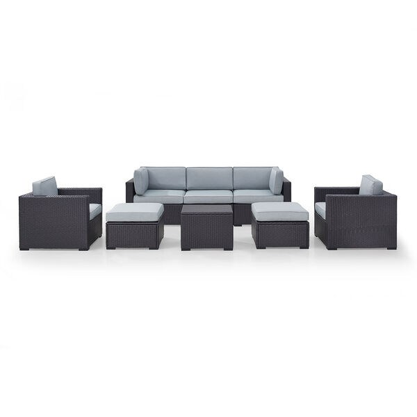 Biscayne 7 Person Outdoor Wicker Seating Set in Mist - One Loveseat， Two Arm Chairs， One Corner Chair， One Coffee Table， Two Ottomans