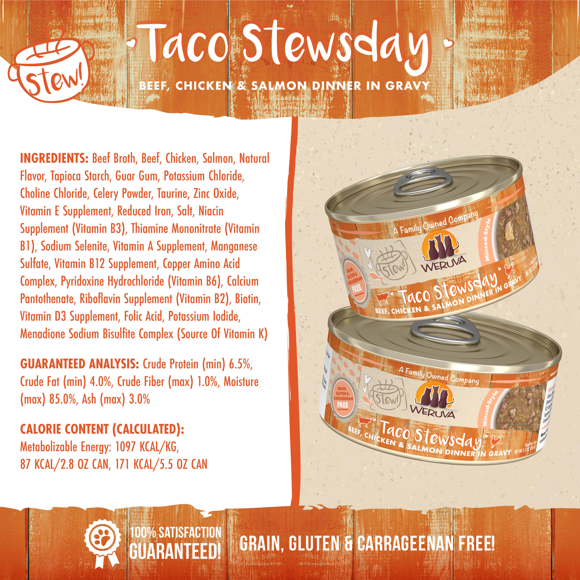 Weruva Stew! Taco Stewsday Beef， Chicken  Salmon Dinner in Gravy Wet Cat Food， 2.8 oz.， Case of 12