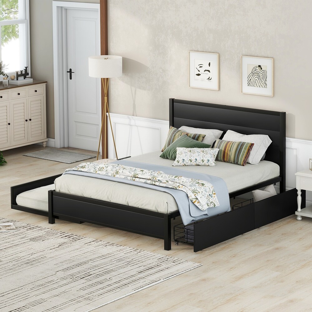 Platform Bed with Trundle and 2 Storage Drawers  Metal Bed Frame with Headboard  Storage Bed with Trundle for Bedroom