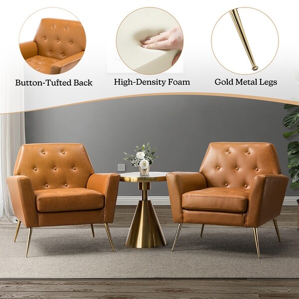 Lilia Classic Leather Button-Tufted Arm Chair with Gold Metal Legs Set of 2 by HULALA HOME