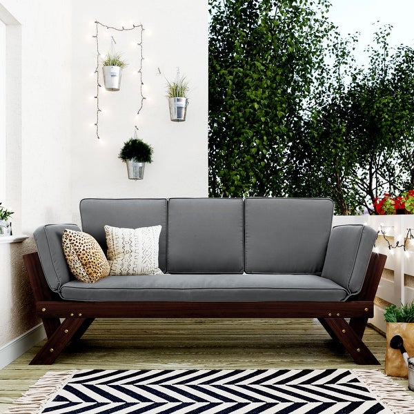 3-seater Sofa Outdoor Adjustable Patio Expandable and Multifunctional Daybed， Wooden Chaise Lounge with Cushions for Small Places - Overstock - 37248098