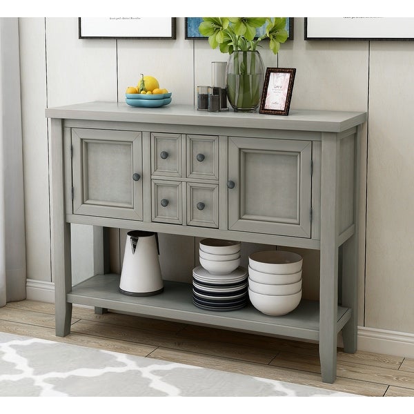 Wooden Console Table with 4 Storage Drawers and 2 Cabinets， Sofa Table with Bottom Shelf and Solid Wood Legs， Antique Gray