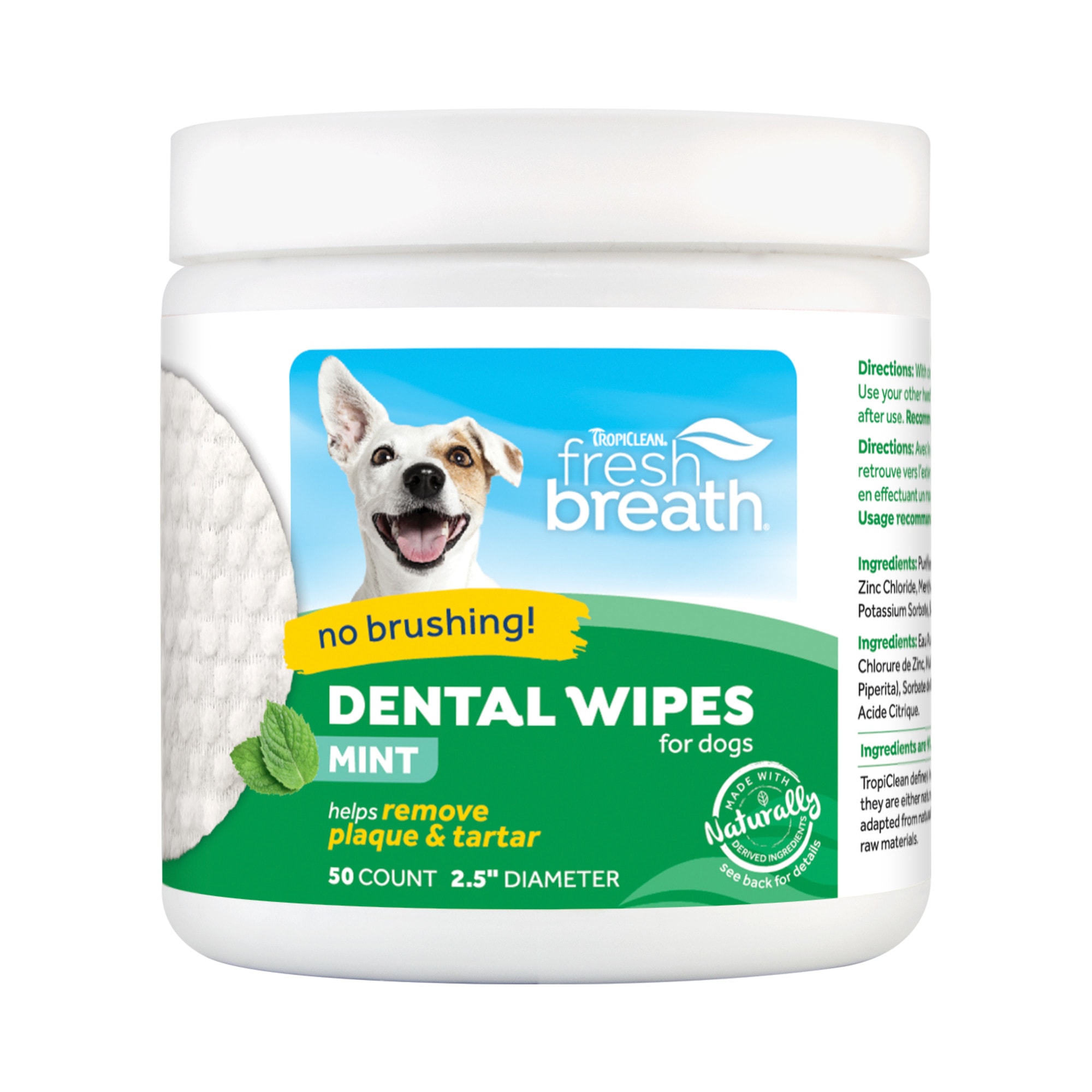 TropiClean Fresh Breath Mint Dental Wipes for Dogs， Count of 50