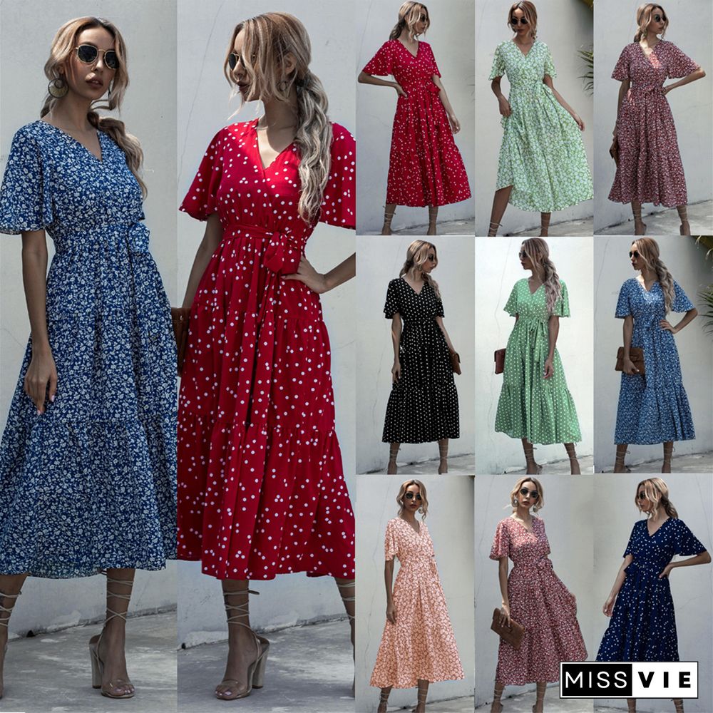 Summer Elegant V-neck Cross Belt Sexy Beach Long Dress Women Print Flowers Polka-dot Strap Ladies Boho Dress Women Vestidos