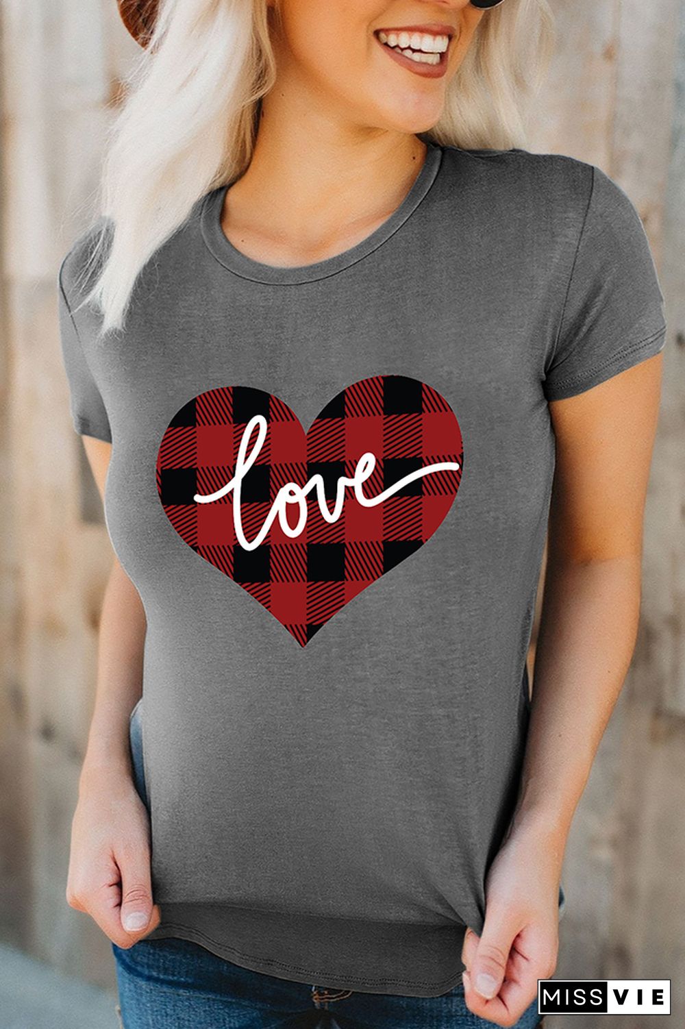 VALENTINE'S DAY Plaid Heart Graphic Tee Short Sleeve T shirts Top Wholesale