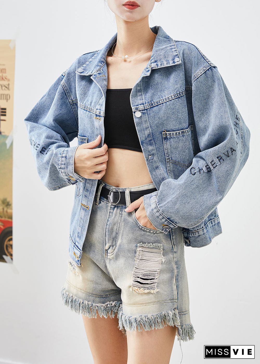 Handmade Blue Letter Embroideried Denim Coat Outwear Fall