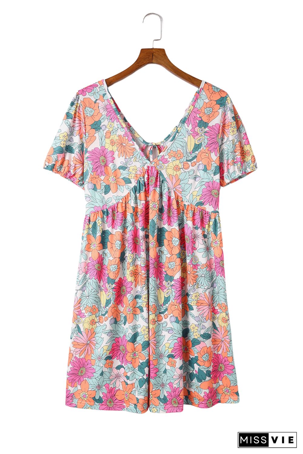 Multicolor Floral Print Tie Back Short Sleeve Dress