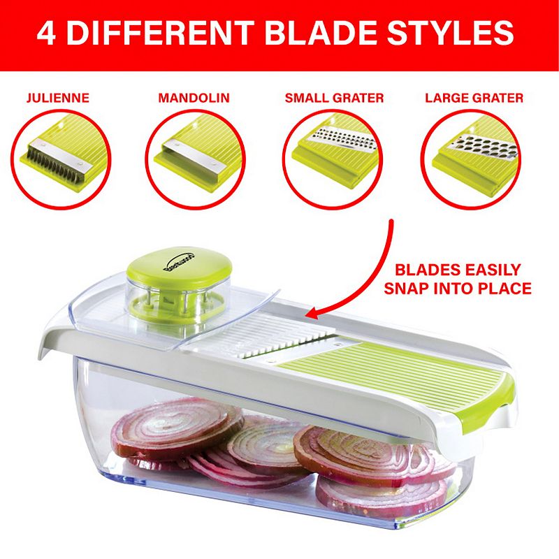 Brentwood Mandollin Slicer with 5 Cup Storage Container and 4 Interchangeable Stainless Steel Blades in Green