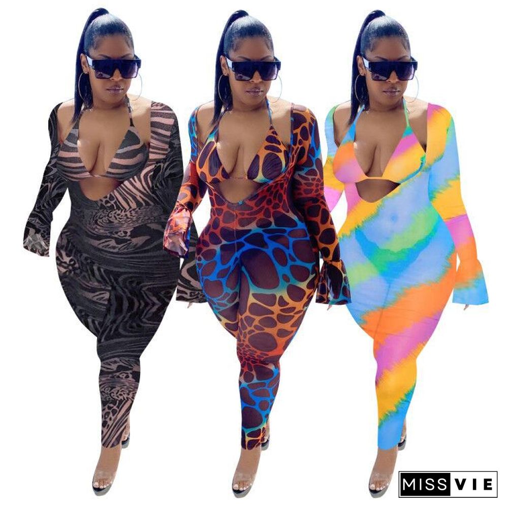 Sexy Beachwear Summer Mesh Print Halter Bra Tops+Full Flare Sleeve V-Neck Bodycon Jumpsuit 2 Piece Set