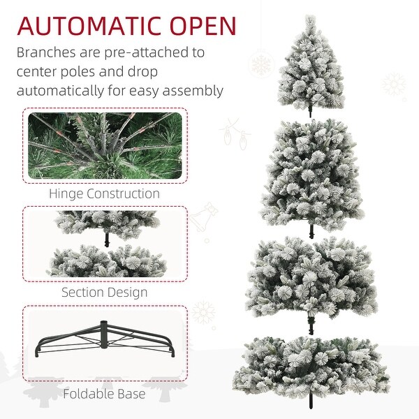 HOMCOM 6.5 ft PreLit Artificial Christmas Tree with 350 Clear Lights and 1107 Tips，Snow Flocked Christmas Tree