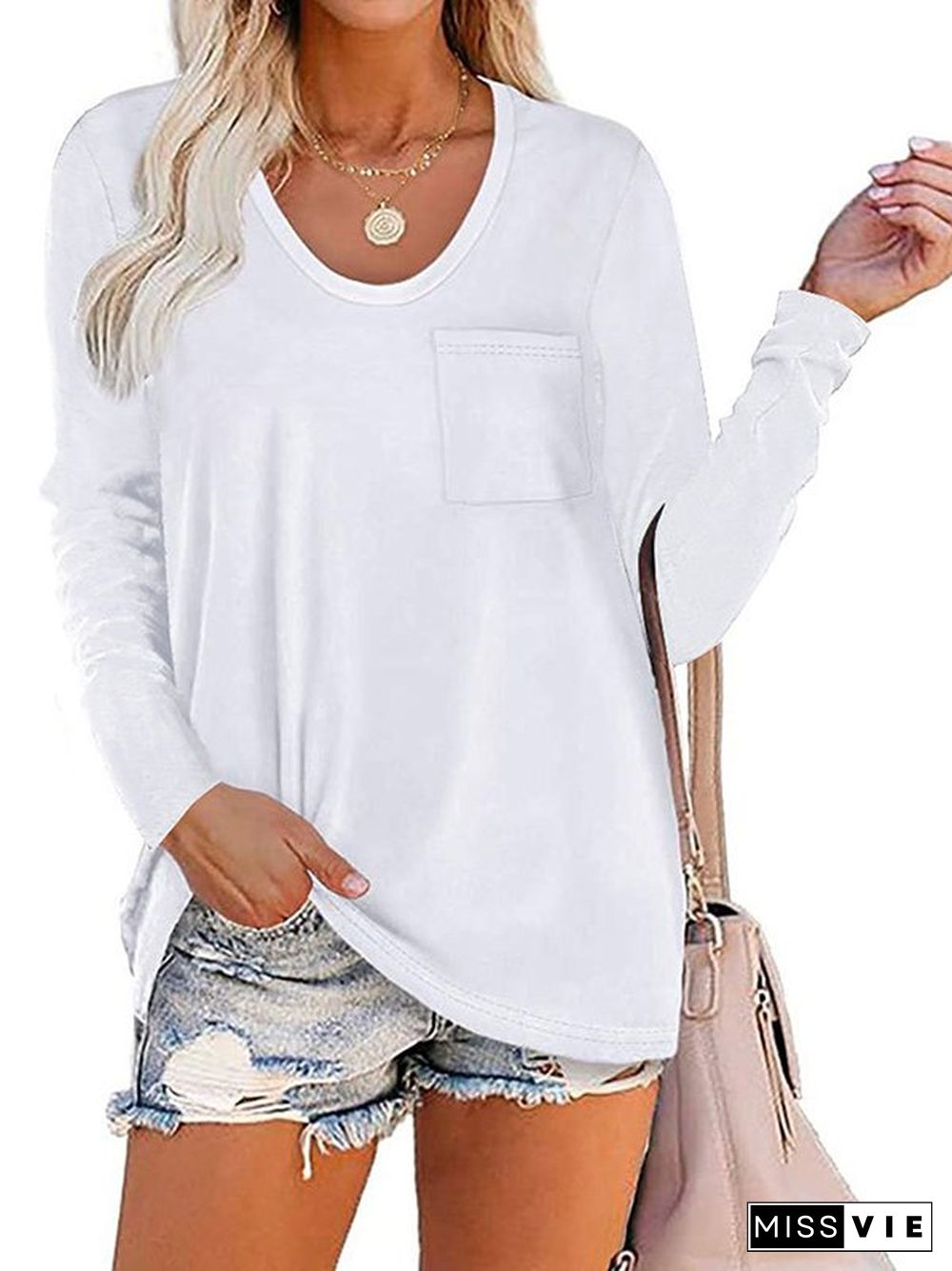 Long Sleeve Crew Neck Solid Casual T-shirt