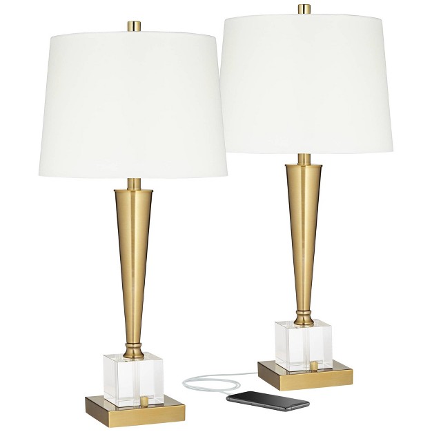 Tall Set Of 2 Brass With Usb Charging Port White Fabric Drum Shade For Bedroom Living Room Kids