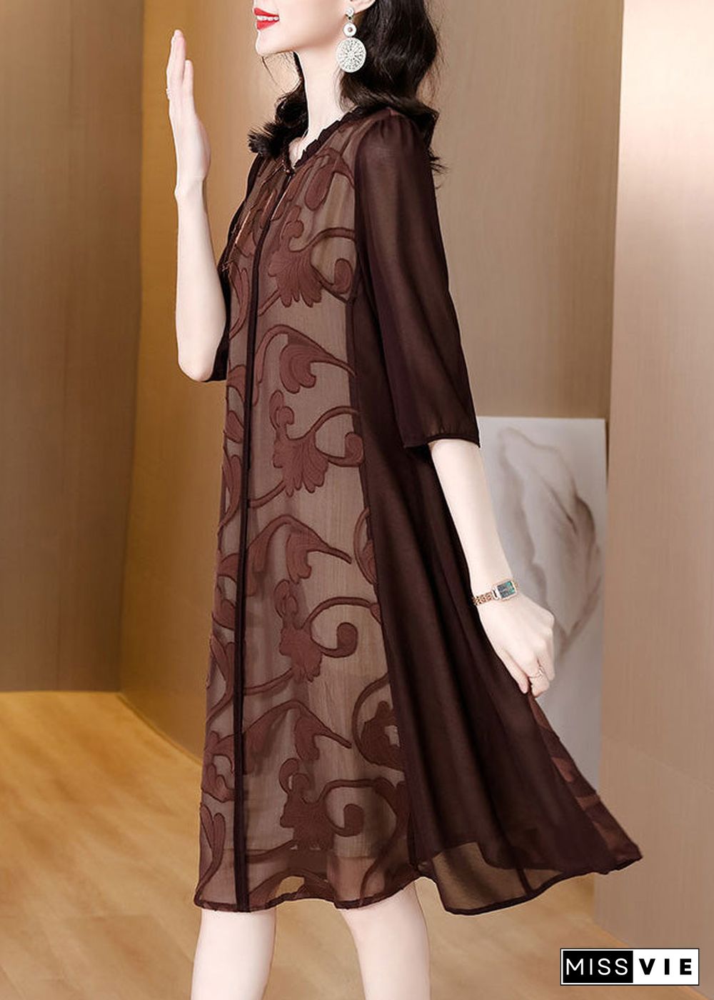 Slim Fit Coffee O-Neck Print Silk Maxi Dresses Summe