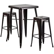 Emma and Oliver Commercial 23.75SQ Black-Antique Metal Indoor-Outdoor Bar Table Set-2 Stools