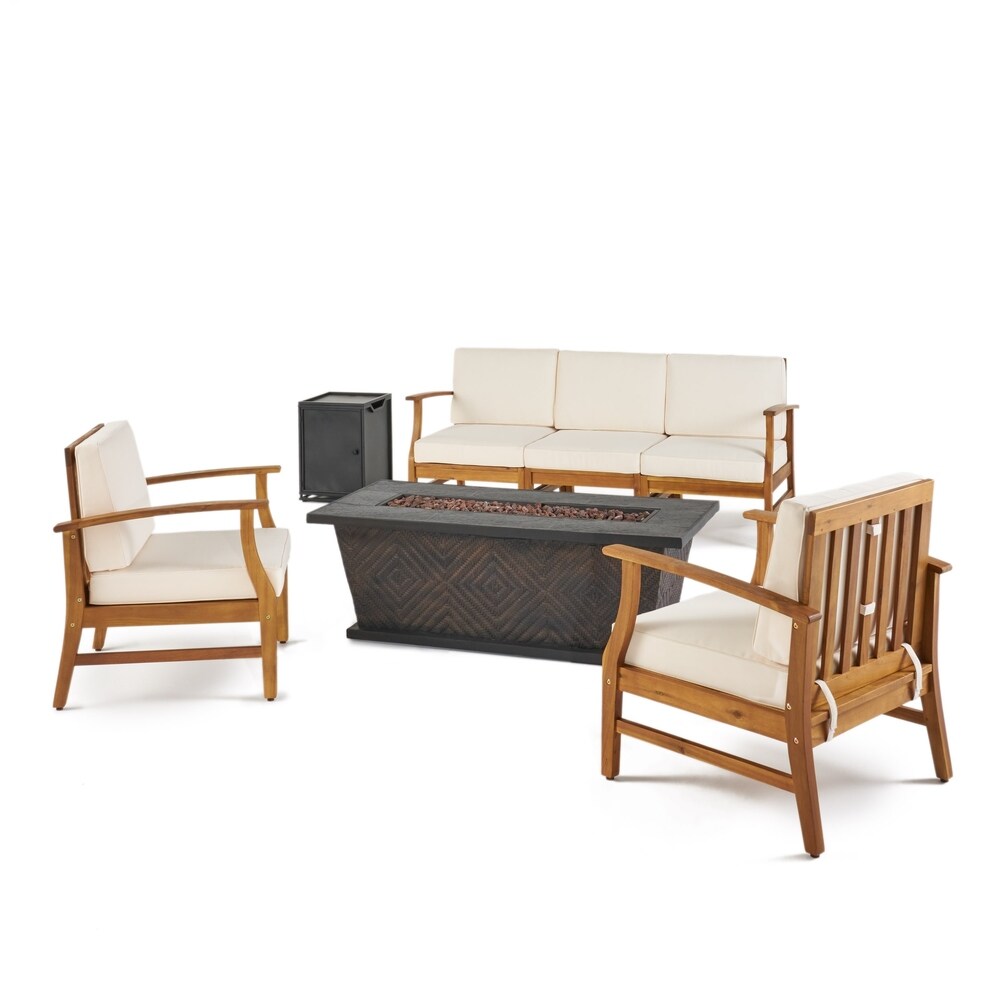 Driscoll Outdoor 5 Seater Acacia Wood Chat Set with Cushions and Fire Pit by Christopher Knight Home