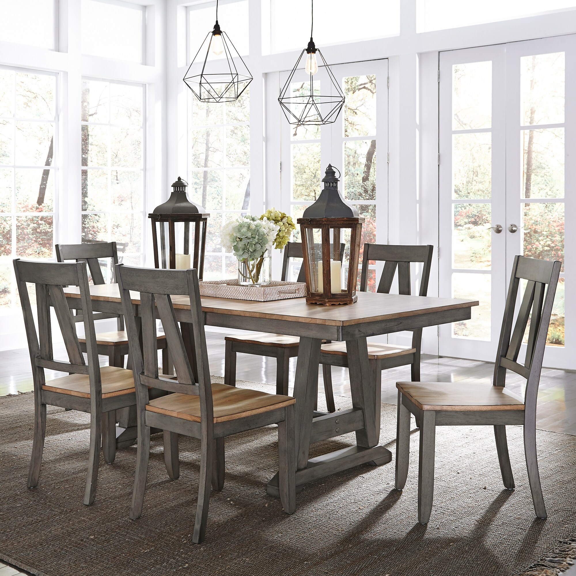 Lindsey Farm Gray and Sandstone 7 Piece Trestle Table Set