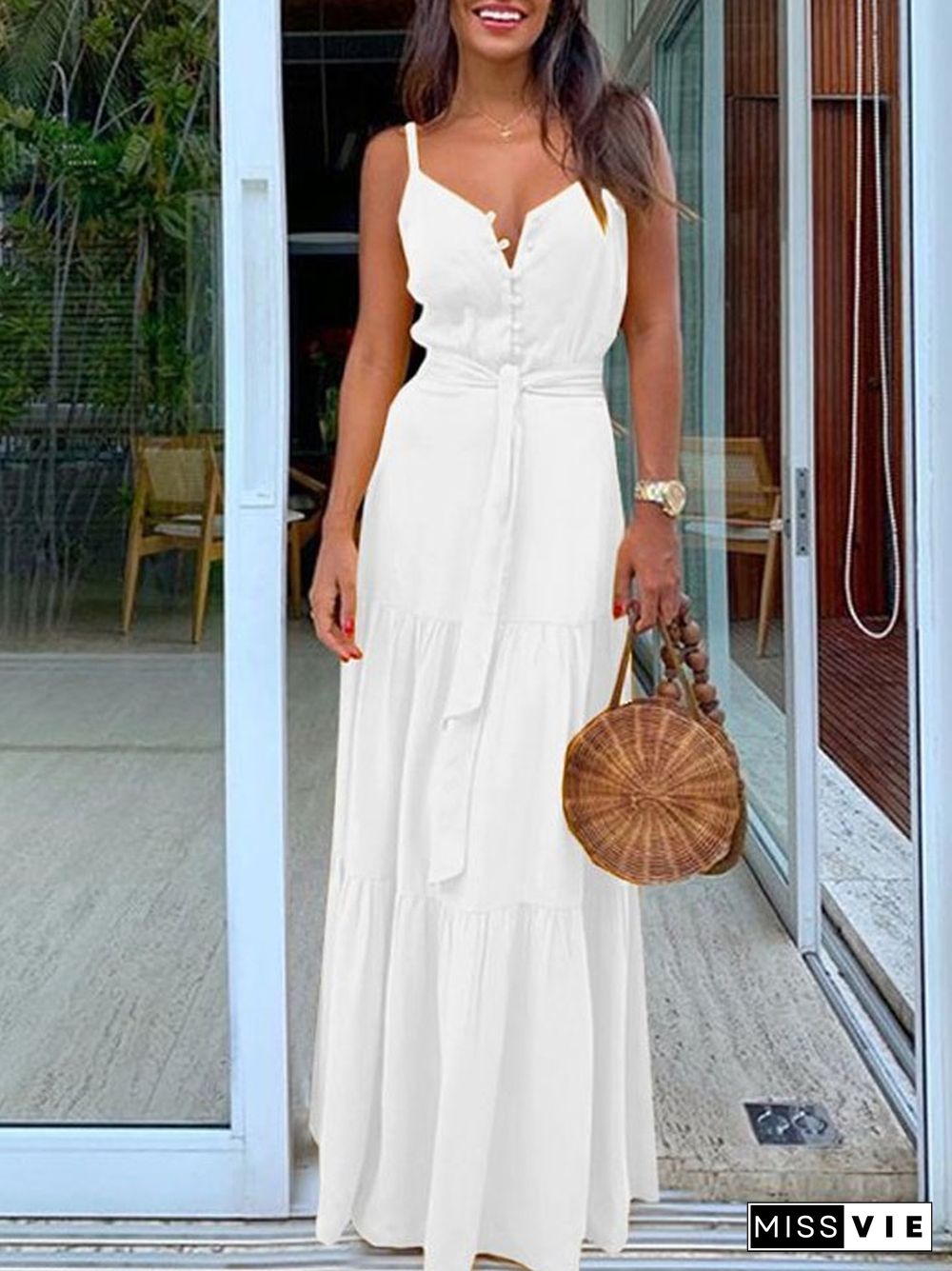 Fashion Women's Temperament Button V-neck Sleeveless Suspender Dress White Dresses