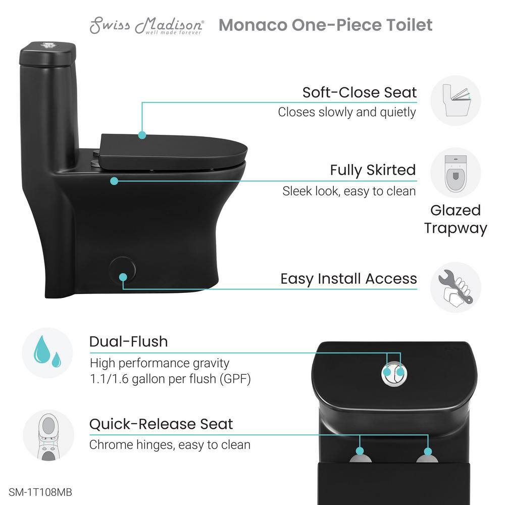 Swiss Madison Monaco 1-piece 1.11.6 GPF Dual Flush Elongated Toilet in Matte Black Seat Included SM-1T108MB