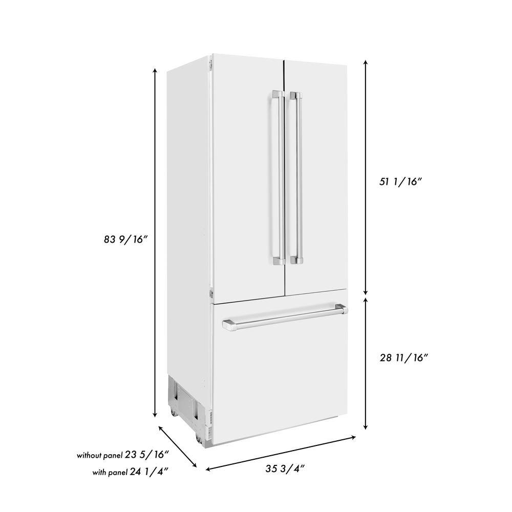 ZLINE Kitchen and Bath 36 in. 3-Door French Door Refrigerator with Internal Ice  Water Dispenser with Matte White Panels RBIV-WM-36