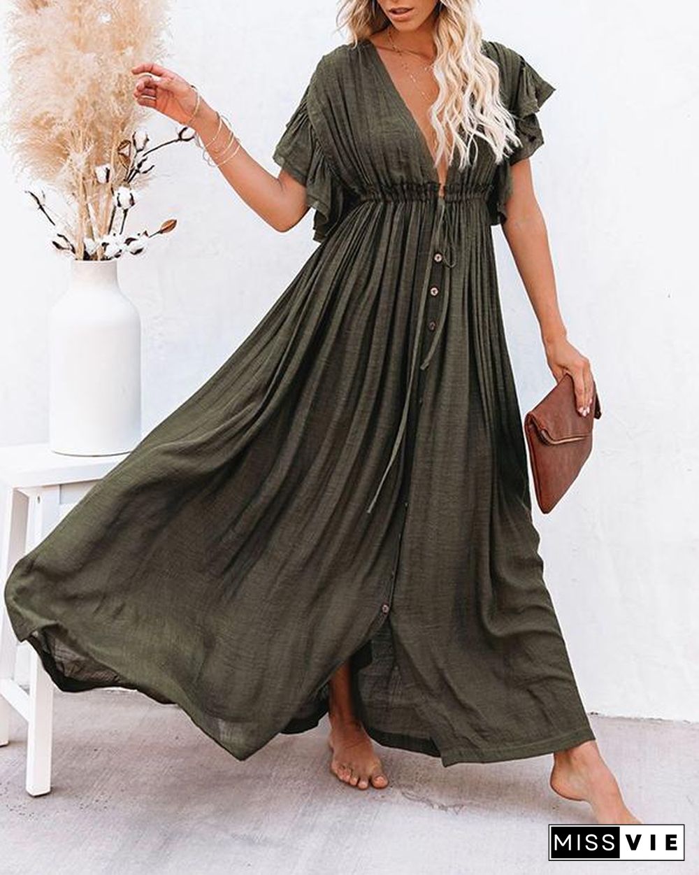 Women Long Maxi Dress Solid V neck Ladies Holiday Dress