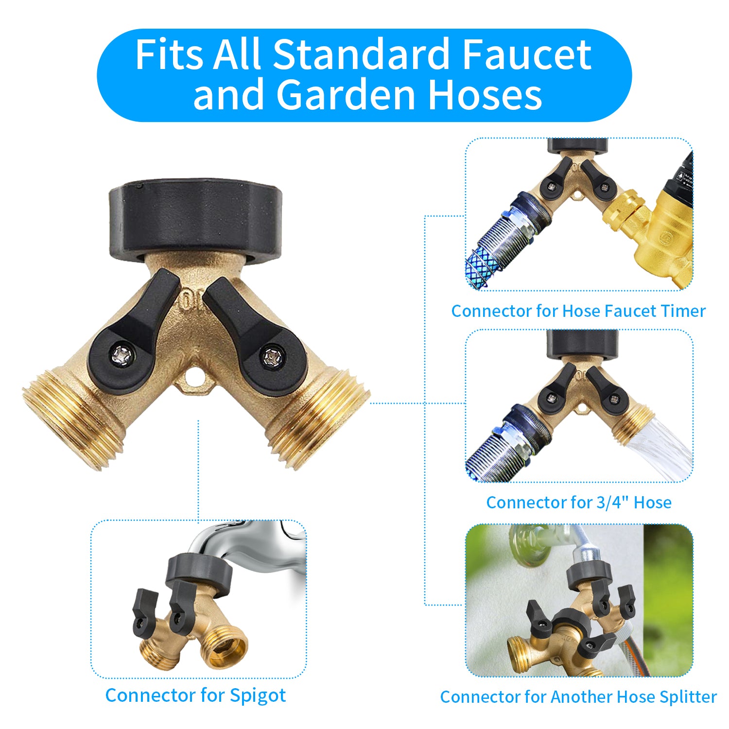 Garden Hose Splitter 2 Way， Y Connector Brass Garden Hose Adapter， Heavy-Duty Y Brass Hose Splitter Valve